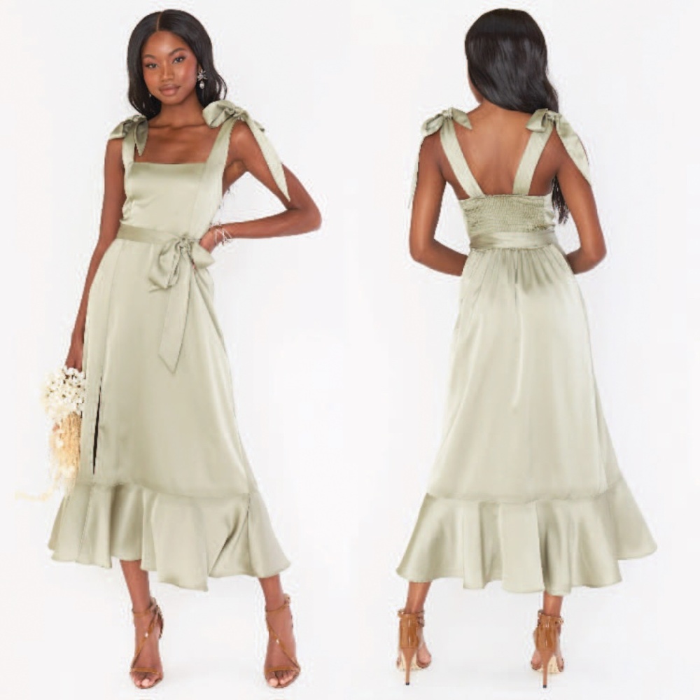 Show Me Your MuMu Green Ruffled Tie Front Midi Dress
